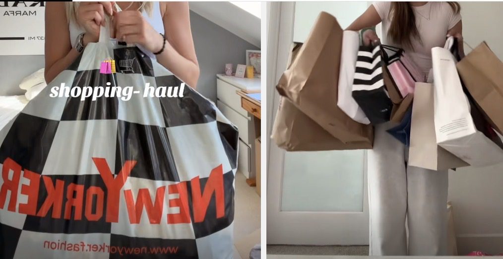 Frau trägt zahlreiche Einkaufstüten verschiedener Modegeschäfte. Das Bild symbolisiert die große Auswahl beim Shoppen, Kaufentscheidungen und die Herausforderung, gezielt passende Kleidung zu finden.